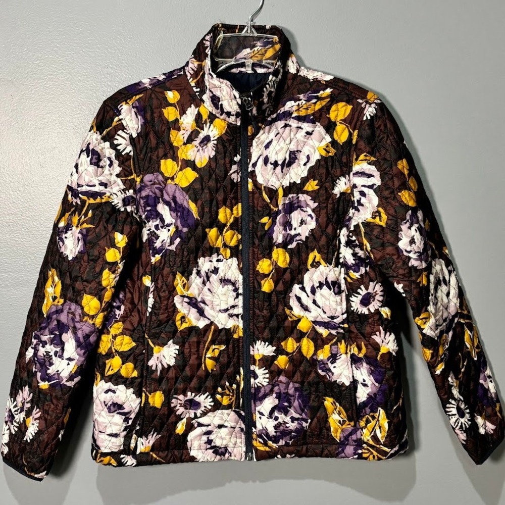Lands End Quilted Jacket Wmns S 6-8 Brown Floral Polyester Primaloft Zip Puffer